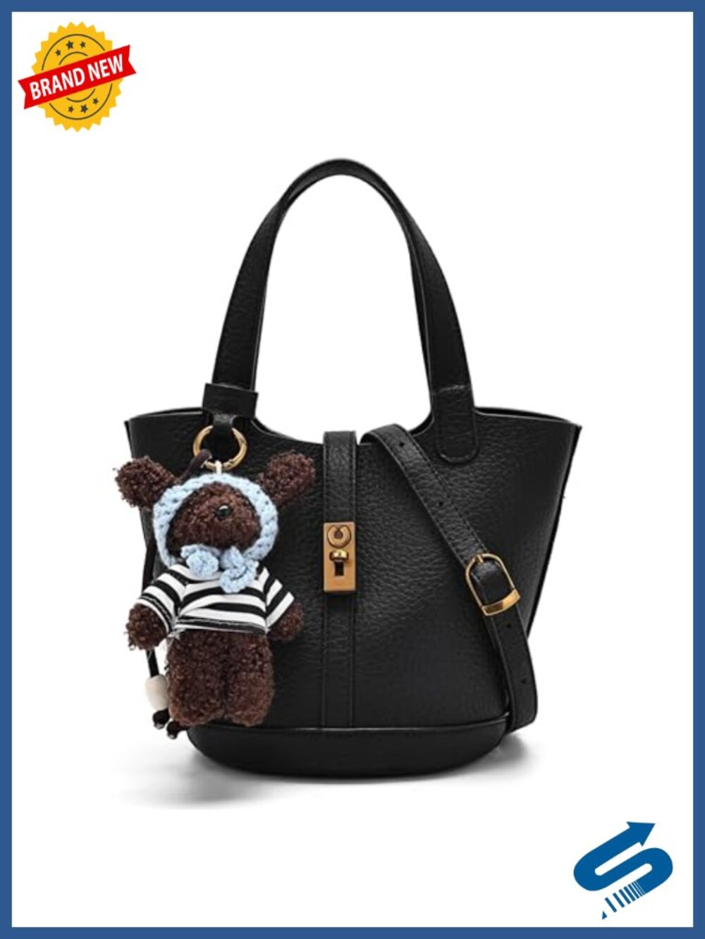 Mini Pebbled PU Leather Bucket Tote Crossbody Handbag with Lock and Charm